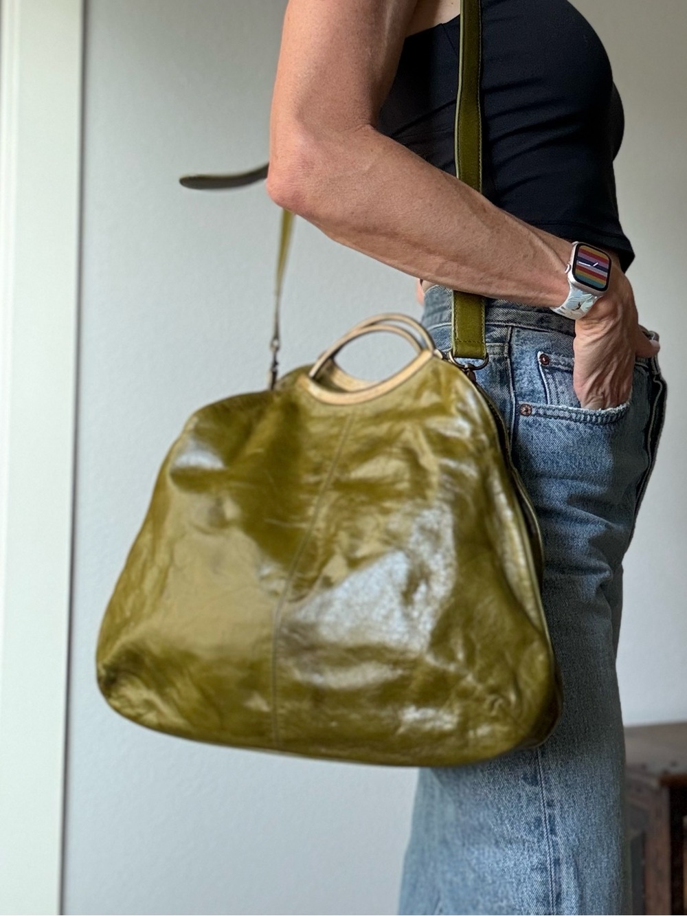 HOBO Olive Green Leather Bag with Brass Top Handle - Picture 3 of 14